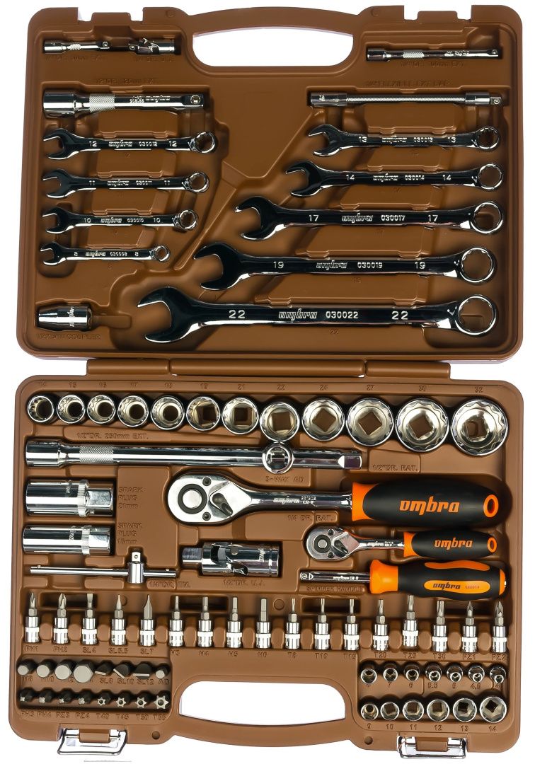 Универсальный набор инструмента 1/2"DR, 1/4"DR c 12-гранными торцевыми головками 1/2"DR Ombra OMT82S12, 82 штуки - фото